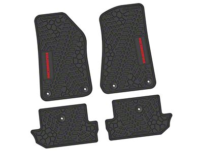 Factory Floorpan Fit Tire Tread/Scorched Earth Scene Front and Rear Floor Mats with Red Rubicon Insert; Black (18-25 Jeep Wrangler JL 2-Door)