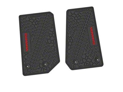 Factory Floorpan Fit Tire Tread/Scorched Earth Scene Front Floor Mats with Red Sahara Insert; Black (14-18 Jeep Wrangler JK 2-Door)