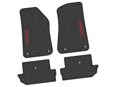 Factory Floorpan Fit Tire Tread/Scorched Earth Scene Front and Rear Floor Mats with Red Sahara Insert; Black (18-25 Jeep Wrangler JL 2-Door)