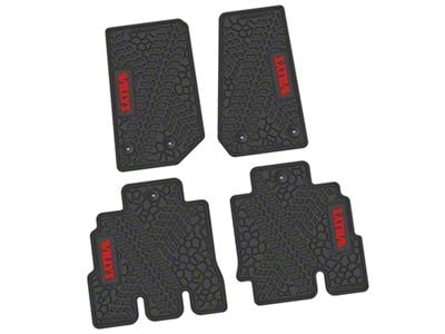 Factory Floorpan Fit Tire Tread/Scorched Earth Scene Front and Rear Floor Mats with Red Willys Insert; Black (14-18 Jeep Wrangler JK 4-Door)