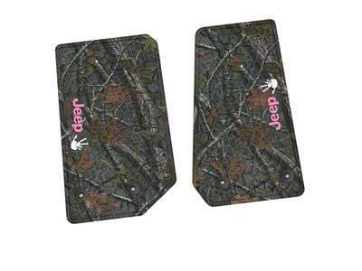 Factory Floorpan Fit Tire Tread/Scorched Earth Scene Front Floor Mats with Pink and White JEEP Wave Insert; Rugged Woods (14-18 Jeep Wrangler JK 2-Door)