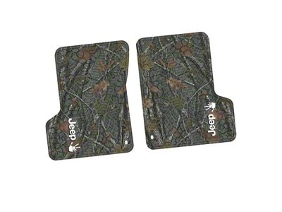 Factory Floorpan Fit Tire Tread/Scorched Earth Scene Front Floor Mats with White JEEP Wave Insert; Rugged Woods (97-06 Jeep Wrangler TJ)