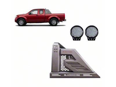 Armour II Roll Bar with 9-Inch Black Round Flood LED Lights; Black (05-21 Frontier)