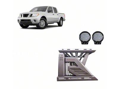 Armour II Roll Bar with Basket and 9-Inch Black Round Flood LED Lights; Black (05-21 Frontier)