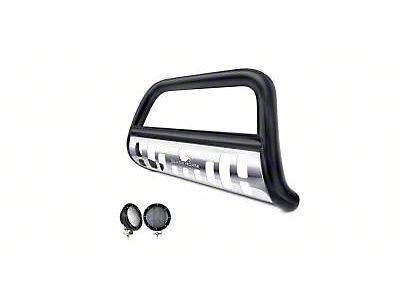 Bull Bar with Stainless Steel Skid Plate and 5.30-Inch Black Round Flood LED Lights; Black (05-21 Frontier)