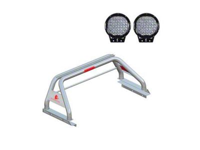 Classic Roll Bar for Tonneau Cover with 9-Inch Black Round Flood LED Lights; Stainless Steel (05-21 Frontier)