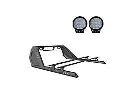 Vigor Roll Bar with Cross Bar and 9-Inch Black Round Flood LED Lights; Black (05-21 Frontier)