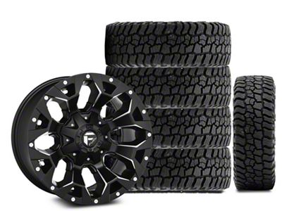 17x9 Fuel Wheels Assault & 34in Mickey Thompson All-Terrain Baja Boss Tire Package; Set of 5 (18-25 Jeep Wrangler JL)