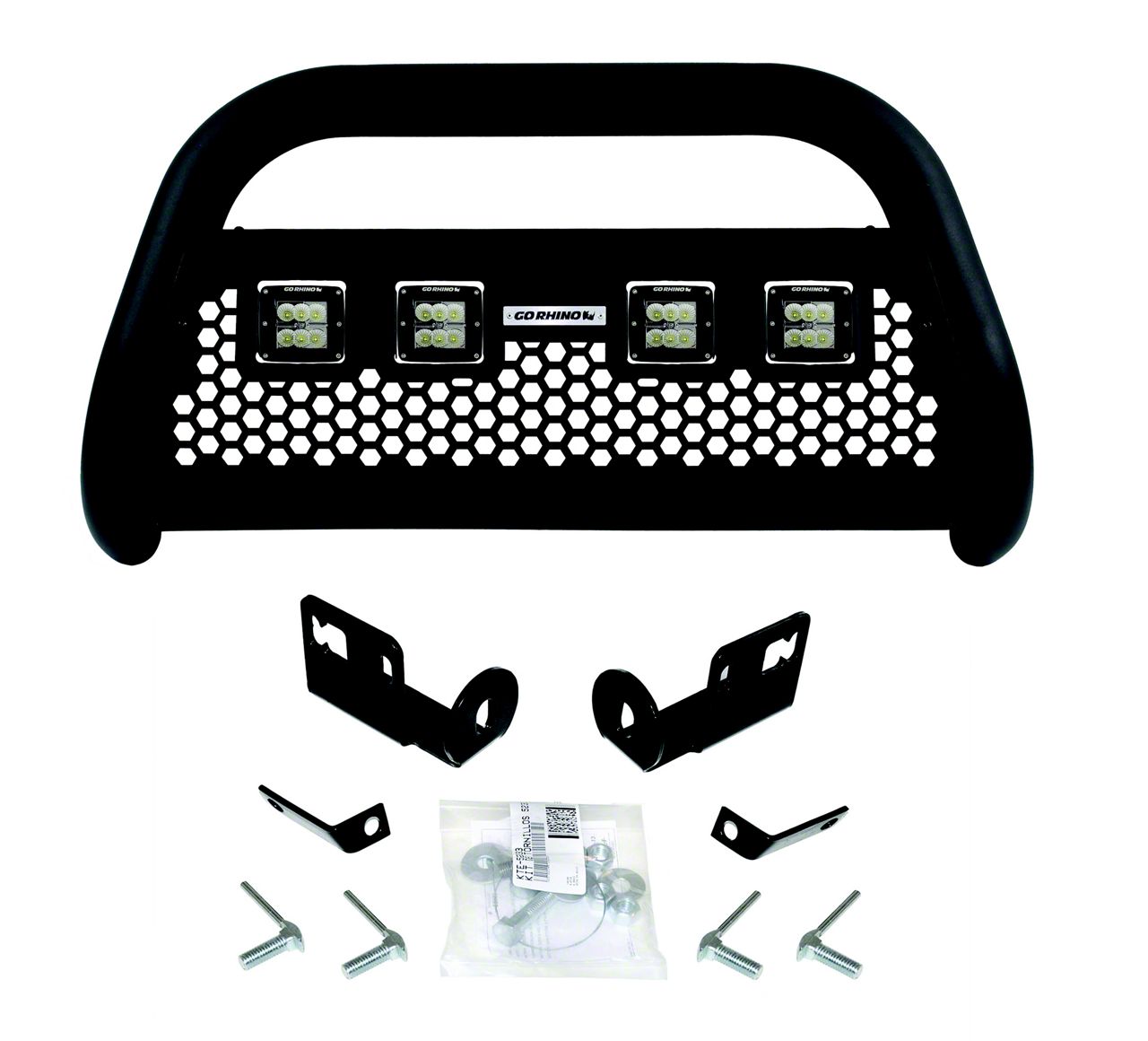 Go Rhino RC2 LR Front Bull Bar For Chevy/GMC Trucks - Textured Black, Hex Skid Plate, Light Mounts, No-Drill Installation