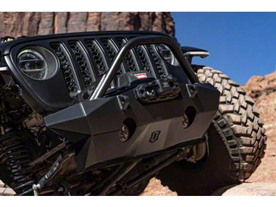 ICON Impact Off-Road Armor PRO Series Recessed Stubby Winch Front Bumper with Bar; Semi-Gloss Black (18-25 Jeep Wrangler JL)