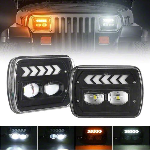 Jeep Cherokee 5x7Inch LED Headlights with White DRL and Sequential Amber Arrow Turn Signals