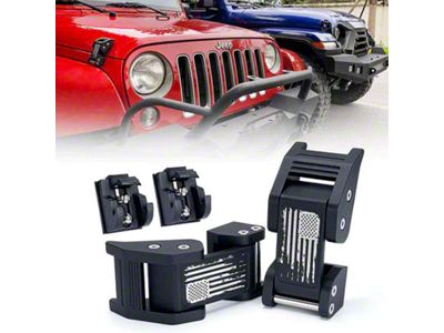 Aluminum Hood Latch Kit with Distressed US Flag; Black (20-25 Jeep Gladiator JT))