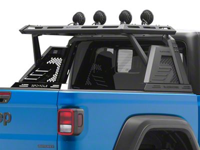 Armour II Roll Bar with 5.30-Inch Black Round Flood LED Lights and Basket; Black (20-25 Jeep Gladiator JT)