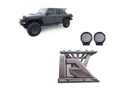 Armour II Roll Bar with 9-Inch Black Round Flood LED Lights and Basket; Black (20-25 Jeep Gladiator JT)