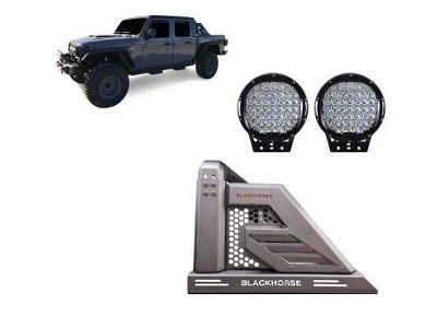 Armour II Roll Bar with 9-Inch Black Round Flood LED Lights; Black (20-25 Jeep Gladiator JT)