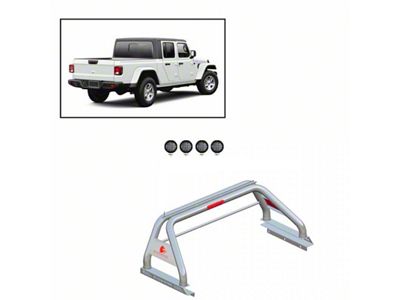 Classic Roll Bar with 5.30-Inch Black Round Flood LED Lights; Stainless Steel (20-25 Jeep Gladiator JT w/ Tonneau Cover)