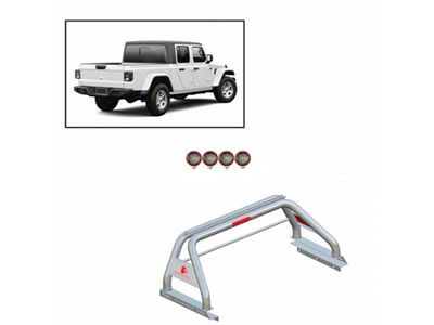 Classic Roll Bar with 5.30-Inch Red Round Flood LED Lights; Stainless Steel (20-25 Jeep Gladiator JT w/ Tonneau Cover)