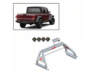 Classic Roll Bar with 7-Inch Black Round LED Lights; Stainless Steel (20-25 Jeep Gladiator JT w/ Tonneau Cover)