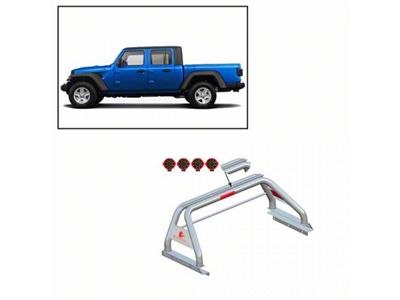 Classic Roll Bar with 7-Inch Red Round LED Lights; Stainless Steel (20-25 Jeep Gladiator JT w/ Tonneau Cover)