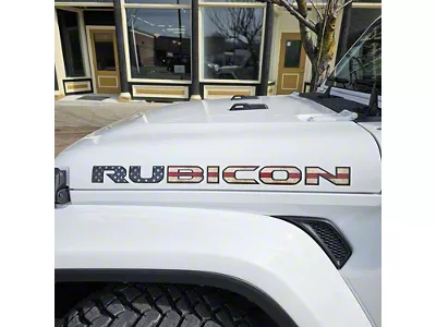 RUBICON Hood Decal; Distressed American Flag with Black Outline (20-25 Jeep Gladiator JT)