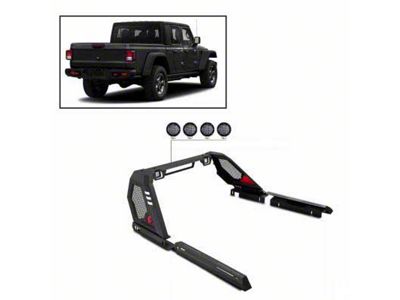 Vigor Roll Bar with 5.30-Inch Black Round Flood LED Lights; Black (20-25 Jeep Gladiator JT)
