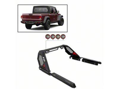 Vigor Roll Bar with 5.30-Inch Red Round Flood LED Lights; Black (20-25 Jeep Gladiator JT)