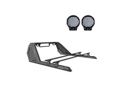 Vigor Roll Bar with Cross Bar and 9-Inch Black Round Flood LED Lights; Black (20-25 Jeep Gladiator JT)
