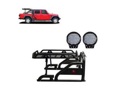 Warrior Roll Bar with 9-Inch Black Round LED Lights; Black (20-25 Jeep Gladiator JT)