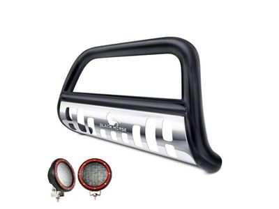 Bull Bar with Stainless Steel Skid Plate and 5.30-Inch Red Round Flood LED Lights; Black (99-04 Jeep Grand Cherokee WJ)