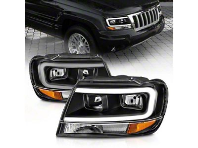 C-Bar Crystal Headlights; Black Housing; Clear Lens (99-04 Jeep Grand Cherokee WJ)
