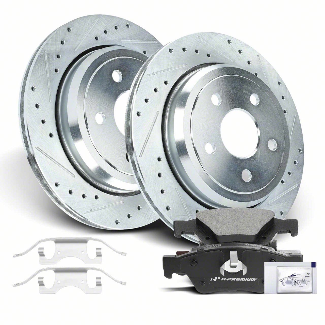 Jeep Grand Cherokee Drilled and Slotted Brake Rotor and Pad Kit; Rear