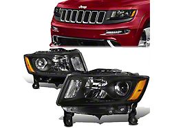 Factory Style Headlights with Amber Corners; Black Housing; Clear Lens (14-16 Jeep Grand Cherokee WK2 w/ Factory Halogen Headlights)