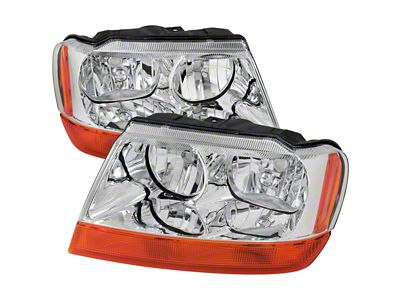 Factory Style Headlights with Amber Reflectors; Chrome Housing; Clear Lens (99-04 Jeep Grand Cherokee WJ)