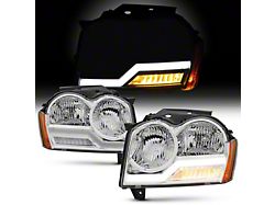 Headlights with LED Light Bar; Chrome Housing; Clear Lens (05-07 Jeep Grand Cherokee WK)