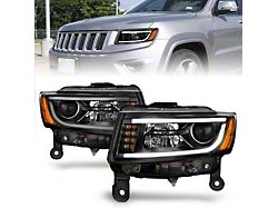 Plank Style Projector Headlights; Black Housing; Clear Lens (14-15 Jeep Grand Cherokee WK2 w/ Factory Halogen Headlights)