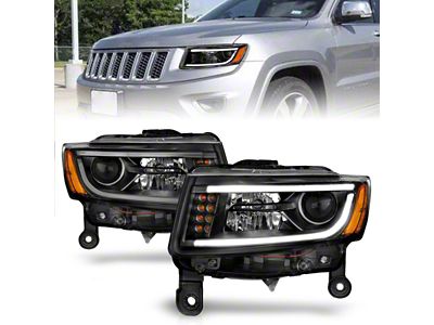 Plank Style Projector Headlights; Black Housing; Clear Lens (14-15 Jeep Grand Cherokee WK2 w/ Factory Halogen Headlights)