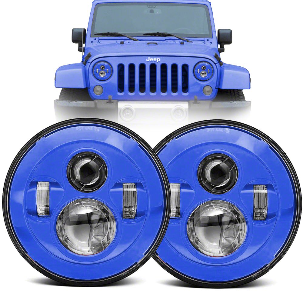 Jeep Wrangler 7-Inch Round Colored LED Headlights; Blue Housing; Clear ...