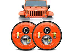 7-Inch Round Colored LED Headlights; Orange Housing; Clear Lens (97-18 Jeep Wrangler TJ & JK)