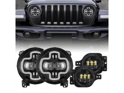 9-Inch LED Halo Headlights with DRL and 4-Inch LED Fog Lights; Black Housing; Clear Lens (18-25 Jeep Wrangler JL Sport)