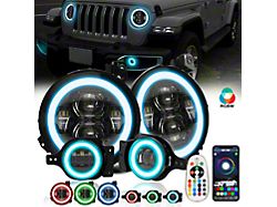 9-Inch Round RGBW Halo LED Headlights with 4-Inch RGBW LED Fog Light Combo Kit (18-26 Jeep Wrangler JL w/ Factory Plastic Bumper)