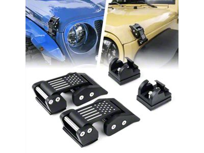 Aluminum Hood Latch Kit with Flag; Black (07-25 Jeep Wrangler JK & JL)