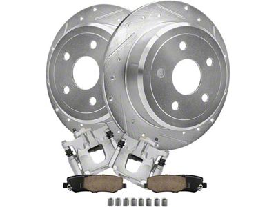 Drilled and Slotted Brake Rotor, Pad and Caliper Kit; Rear (07-18 Jeep Wrangler JK)