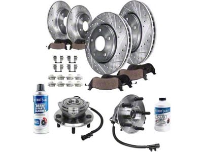 Drilled and Slotted Brake Rotor, Pad, Hub Assembly, Brake Fluid and Cleaner Kit; Front and Rear (07-10 Jeep Wrangler JK)