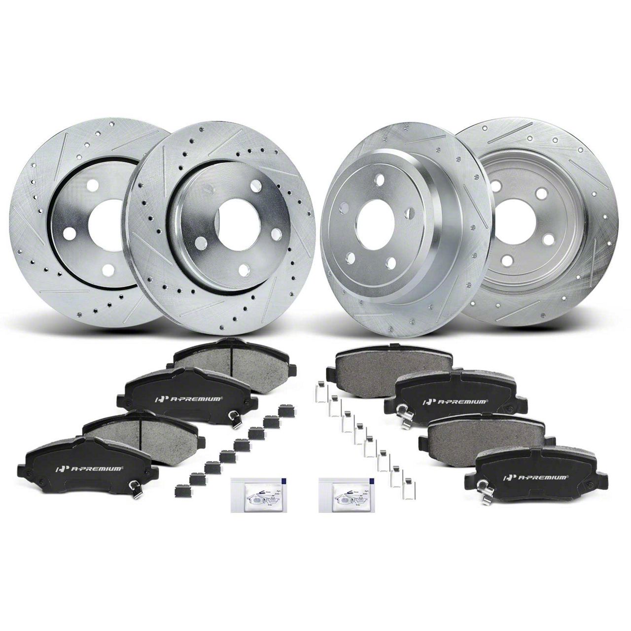 Jeep Wrangler Drilled and Slotted Brake Rotor and Pad Kit; Front and Rear (0718 Jeep Wrangler