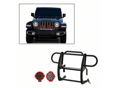 Grille Guard with 7-Inch Red Round LED Lights; Black (18-25 Jeep Wrangler JL)