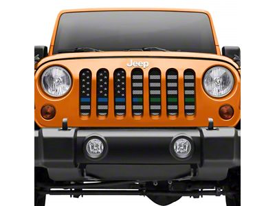 Grille Insert; Black and Gray American Flag with Blue/Green Line (18-25 Jeep Wrangler JL w/ TrailCam)