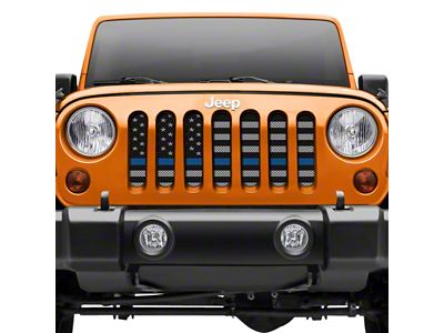 Grille Insert; Black and Gray American Flag with Blue Line (18-25 Jeep Wrangler JL w/ TrailCam)