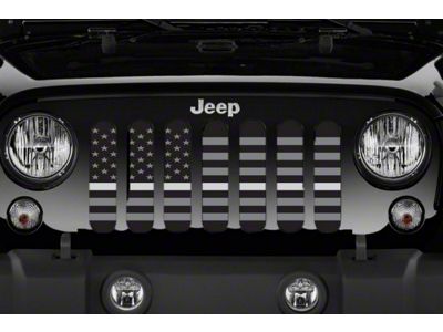 Grille Insert; Black and Gray American Flag with Corrections Silver Stripe (18-25 Jeep Wrangler JL w/ TrailCam)