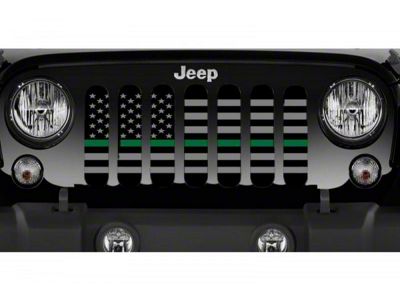 Grille Insert; Black and Gray American Flag with Military Green Line (18-25 Jeep Wrangler JL w/ TrailCam)