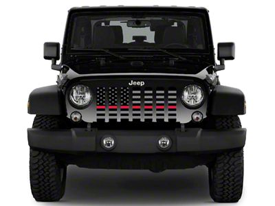 Grille Insert; Black and Gray American Flag with Red Line (18-25 Jeep Wrangler JL w/ TrailCam)